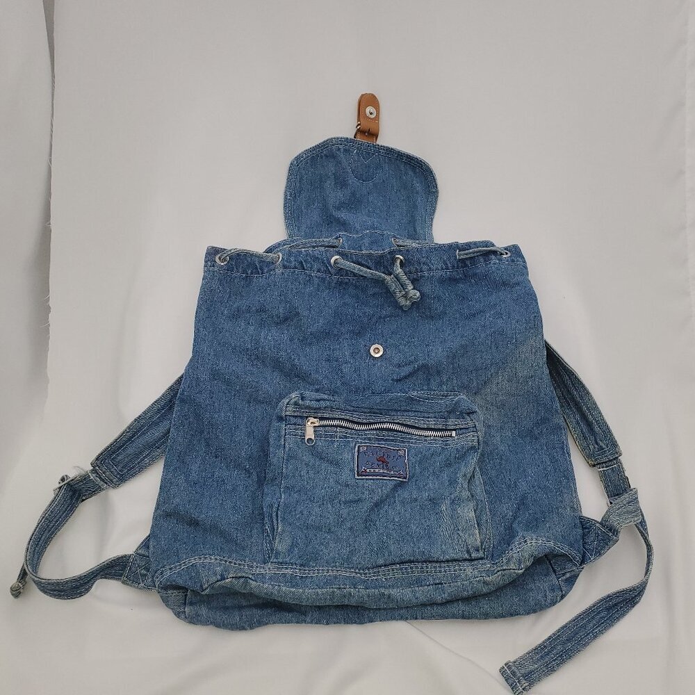 💥 VINTAGE Pacific Denim Co. Drawstring Backpack - 80s/90s Light Wash Rucksack